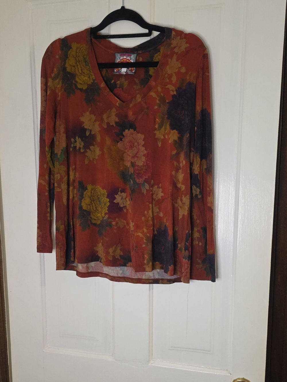 Johnny Was Rust Floral V-Neck Long Sleeve Top with Gold and Black Accents